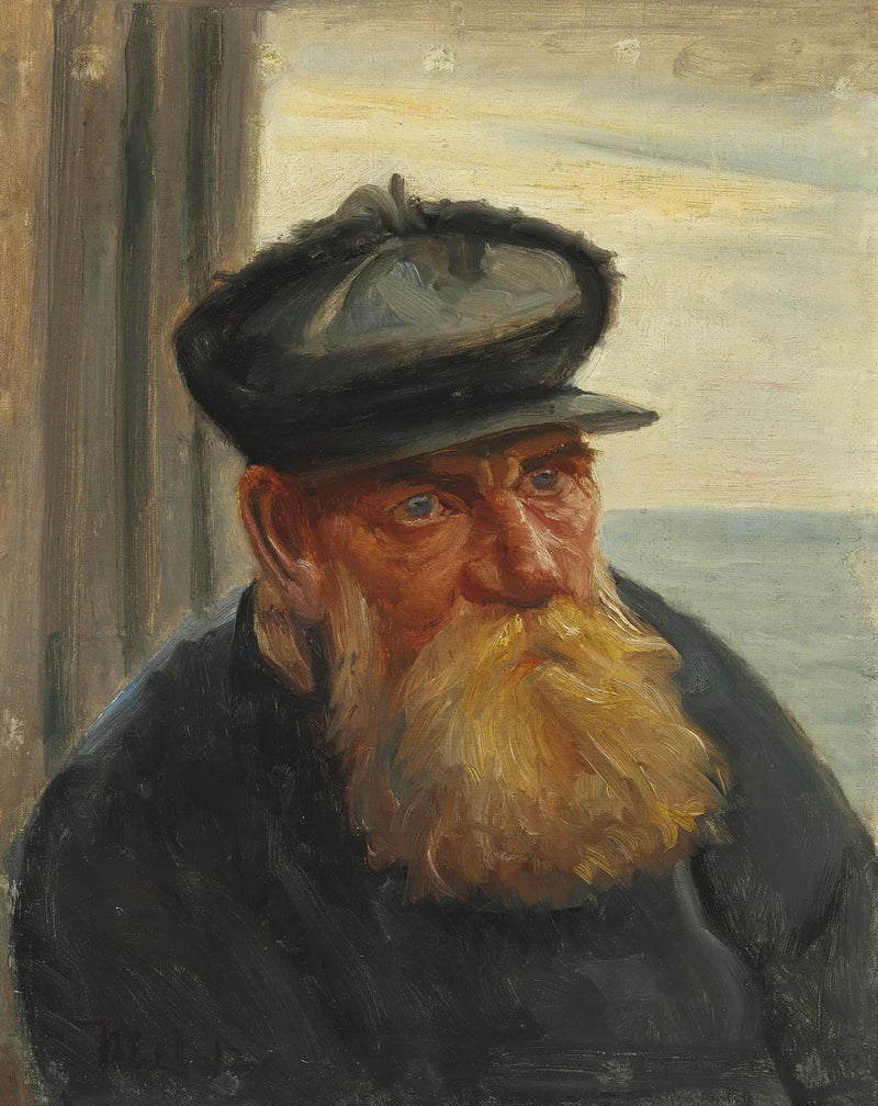 Ein alter Fischer in einer Haustür, im Hintergrund das Meer, Skagen – Michael Peter Ancher