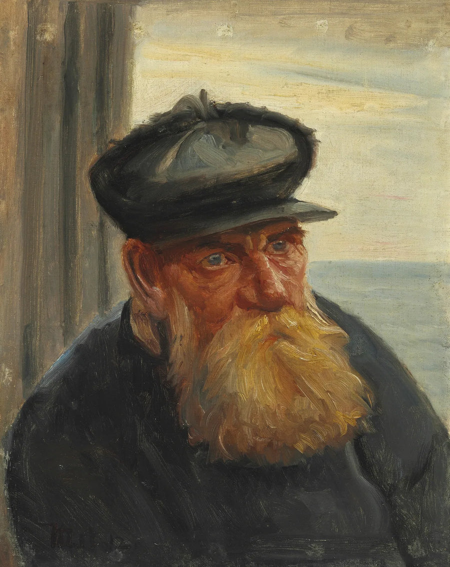 Ein alter Fischer in einer Haustür, im Hintergrund das Meer, Skagen – Michael Peter Ancher
