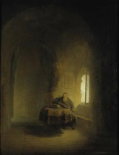 Un vieux savant près d'une fenêtre dans une pièce voûtée - Rembrandt image 1 reproduction d’œuvre d’art à l’huile
