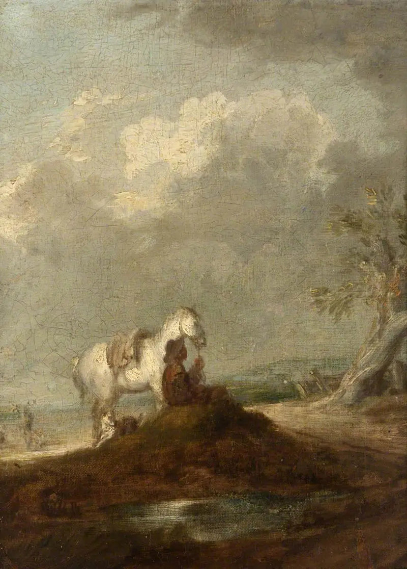 Ein Reisender sitzt auf einer Landstraße, hält ein weißes Pferd - Thomas Gainsborough