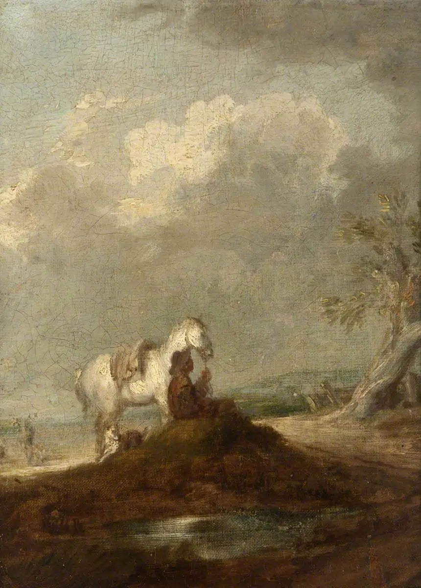 Ein Reisender sitzt auf einer Landstraße, hält ein weißes Pferd - Thomas Gainsborough