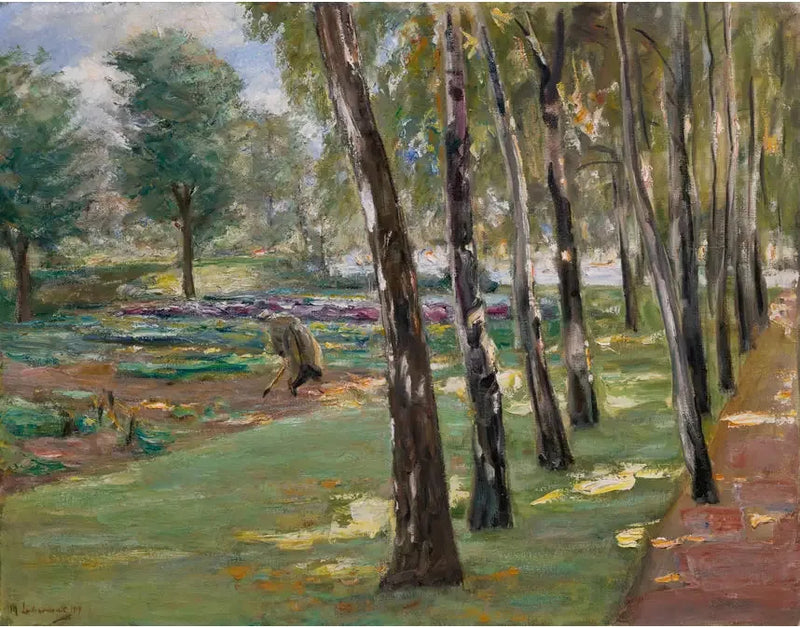 Eine Allee von Birken im Garten von Wannsee, Blick auf ein Feld mit Kohl - Max Liebermann