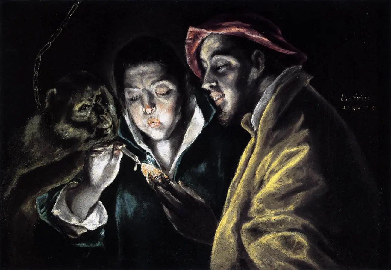 Une allégorie avec un garçon allumant une bougie en compagnie d'un singe et d'un fou - El Greco image 1 copie peinte à la main à l’huile