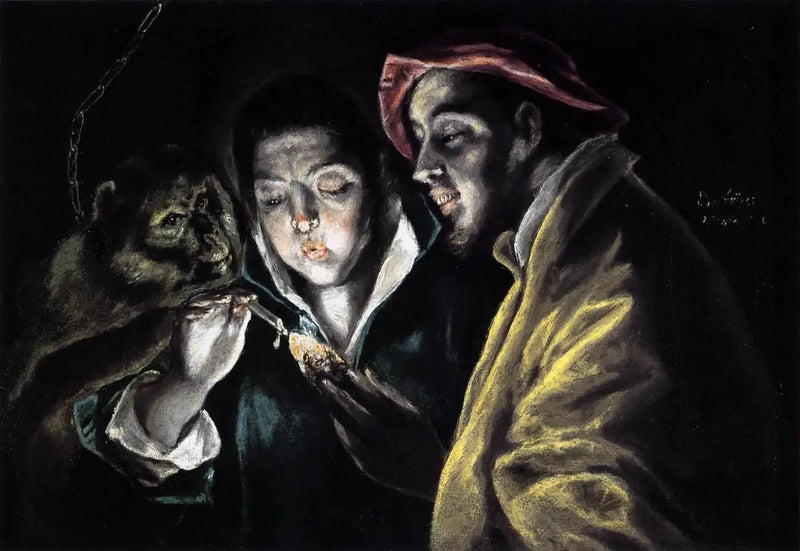 Eine Allegorie mit einem Jungen, der eine Kerze anzündet, zusammen mit einem Affen und einem Narren - El Greco