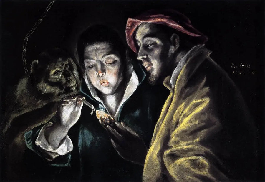 Eine Allegorie mit einem Jungen, der eine Kerze anzündet, zusammen mit einem Affen und einem Narren - El Greco