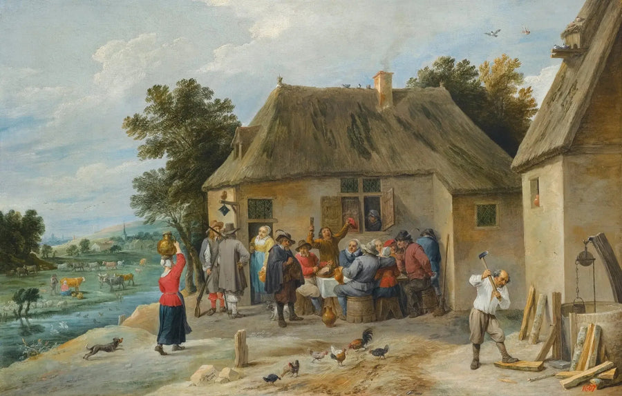 Eine Landpension, mit dem Wirt, der Holz hackt - David Teniers der Jüngere