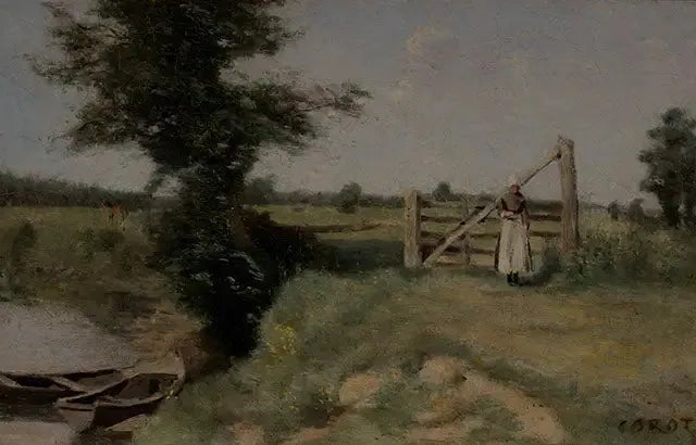 Une barrière dans les prés au bord d'un canal. Environs d'Abbeville - Jean-Baptiste Camille Corot image 1 copie peinte à la main à l’huile