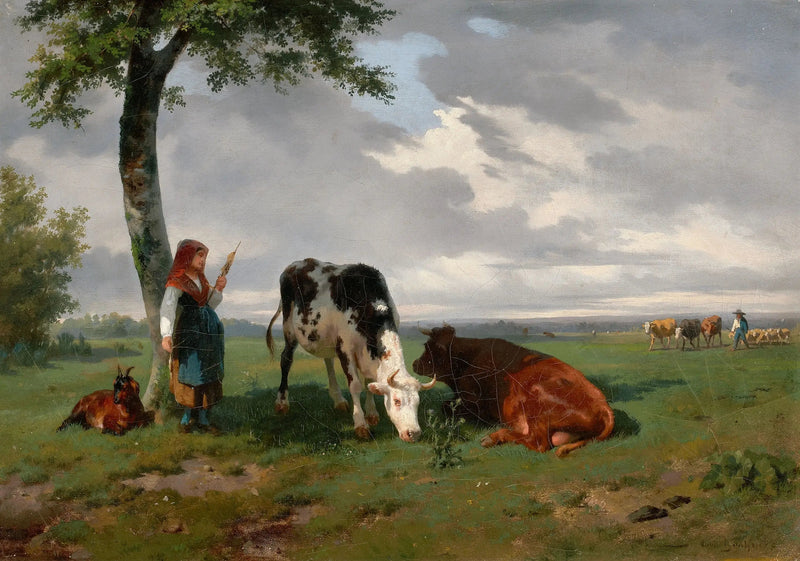 Eine Schäferin mit einer Ziege und zwei Kühen auf einer Wiese - Rosa Bonheur