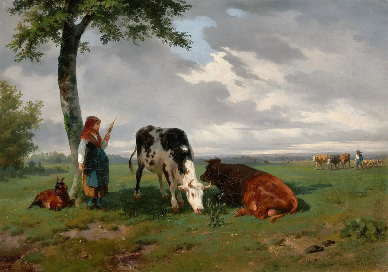 Eine Schäferin mit einer Ziege und zwei Kühen auf einer Wiese - Rosa Bonheur