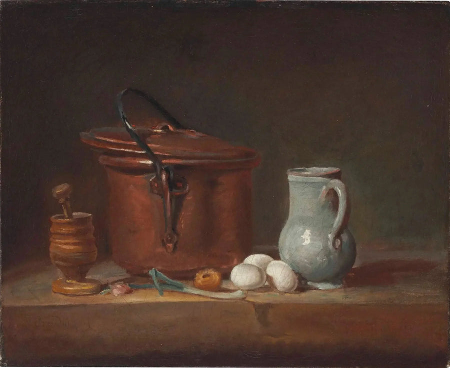 Ein Kupfertopf, ein Stößel und ein Mörser, eine Kanne, eine Frühlingszwiebel, Eier und eine Zwiebel auf einem Regal - Jean Siméon Chardin