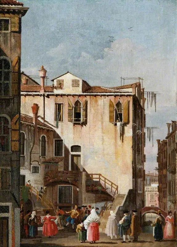 Eine Hof in Venedig mit einem Mann und einer Frau, die tanzen - Canaletto