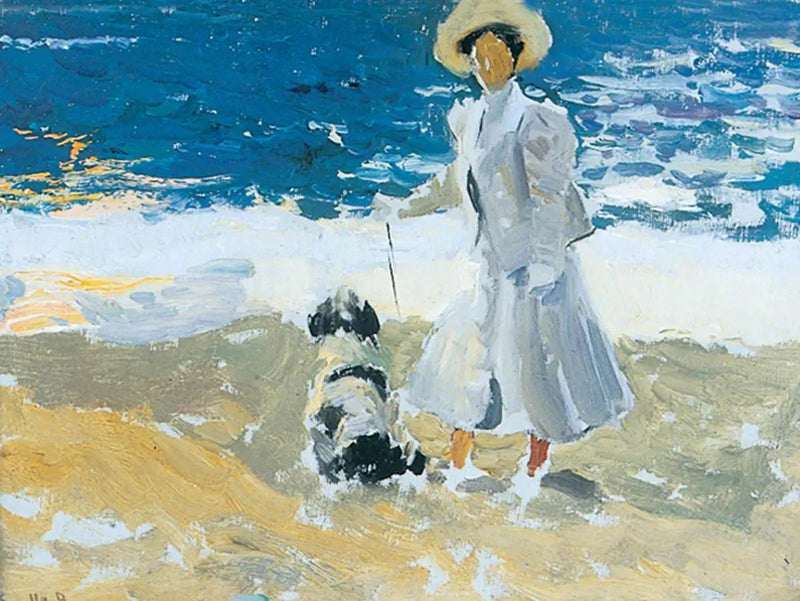 Eine Dame und ein Hund am Strand - Joaquín Sorolla