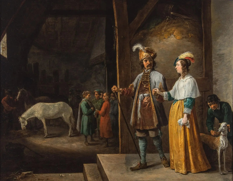 Eine Dame und ein Herr, die in eine Scheune eintreten - David Teniers der Jüngere
