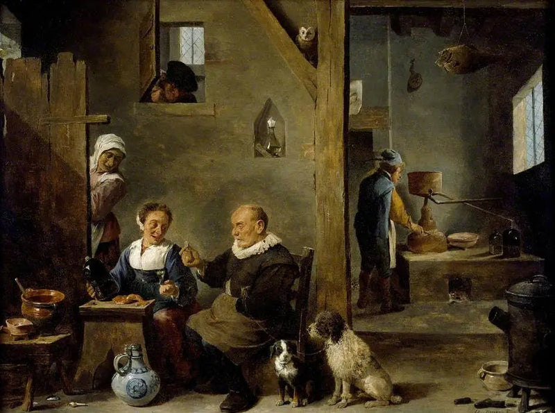 Eine Destillerie mit einem älteren Mann, der Gin bei einer Frau kauft - David Teniers der Jüngere