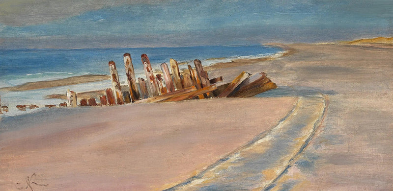 Ein Wrack am Nordstrand von Skagen. Tiefe Reifenspuren im Sand. - Peder Severin Krøyer