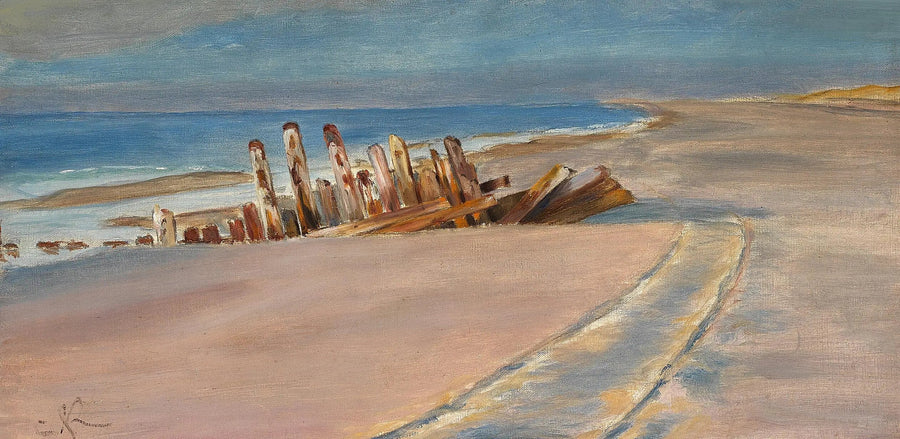 Ein Wrack am Nordstrand von Skagen. Tiefe Reifenspuren im Sand. - Peder Severin Krøyer