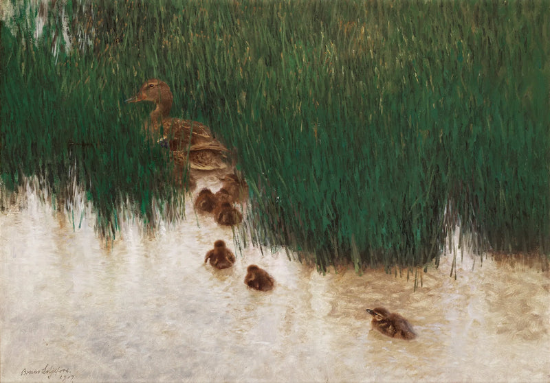 Eine Entenfamilie im Schilf - Bruno Liljefors