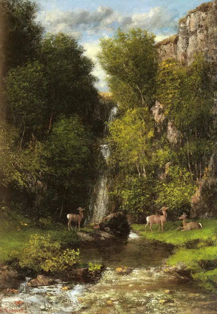 Eine Familie von Rehen in einer Landschaft mit einem Wasserfall - Gustave Courbet