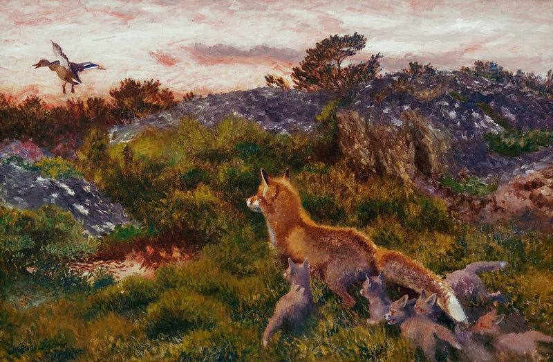 Eine Fuchsfamilie mit einer sich streckenden Stockente - Bruno Liljefors