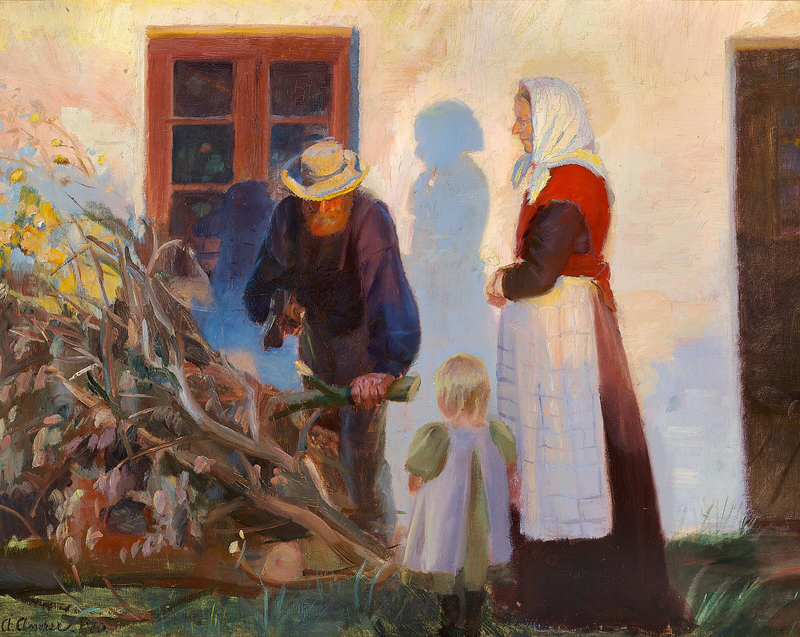 Eine Familie in Skagen schneidet Äste vor ihrem Haus ab. – Anna Ancher