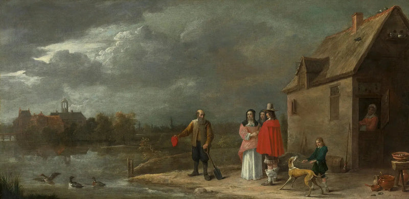 Eine Familie steht in einer Landschaft mit einem Haus, umgeben von Wassergräben im Hintergrund - David Teniers der Jüngere