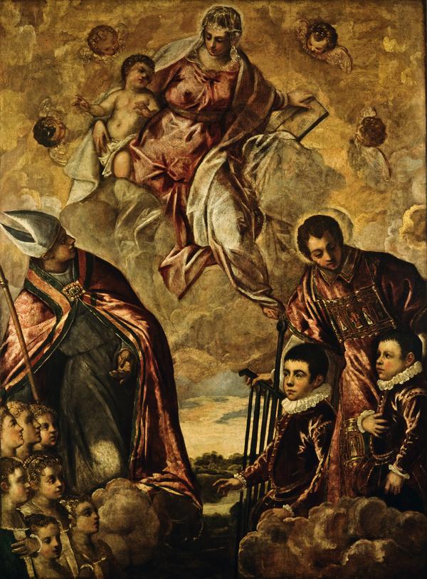 Eine venezianische Familie, die der Jungfrau von San Lorenzo und einem heiligen Bischof vorgestellt wird - Jacopo Tintoretto