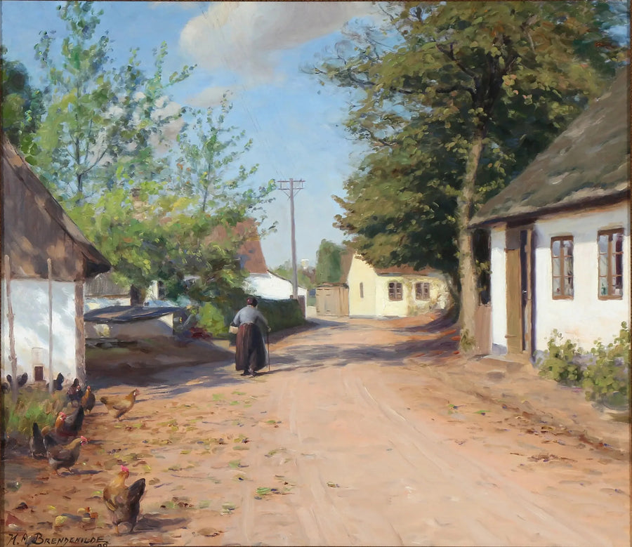 Eine ältere Frau auf der Straße eines Dorfes - H. A. Brendekilde