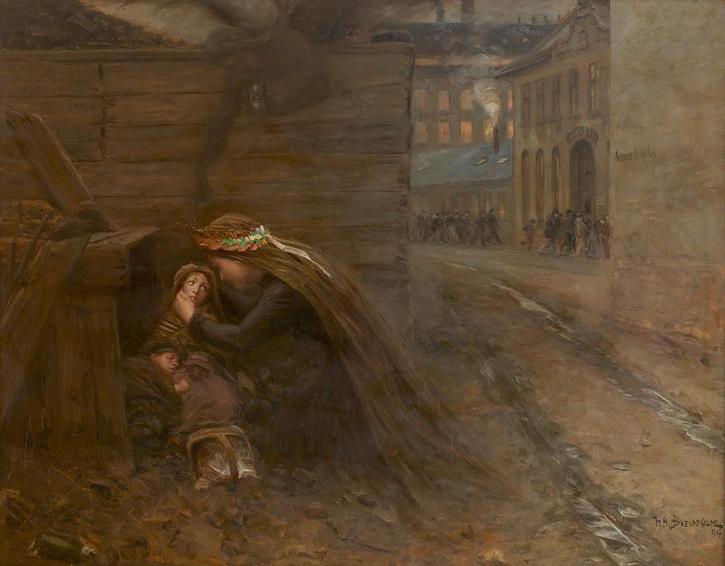 Eine Frau bringt Nahrung zu zwei Kindern. - H. A. Brendekilde