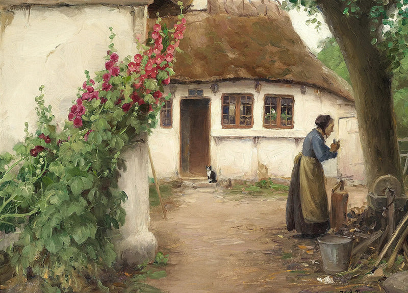 Eine Frau in einem Bauernhof mit roten Stockrosen. - H. A. Brendekilde