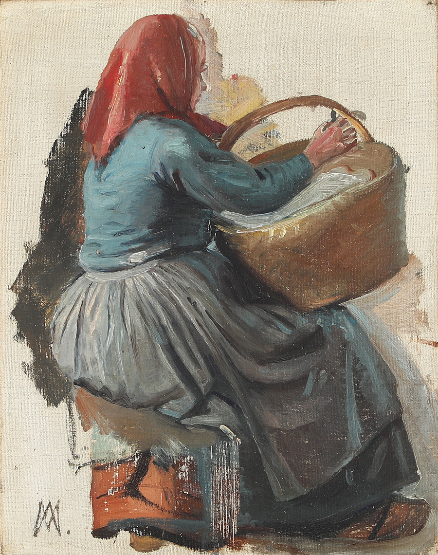 Eine Frau, von hinten gesehen, trägt einen Korb und ein rotes Kopftuch. – Michael Peter Ancher
