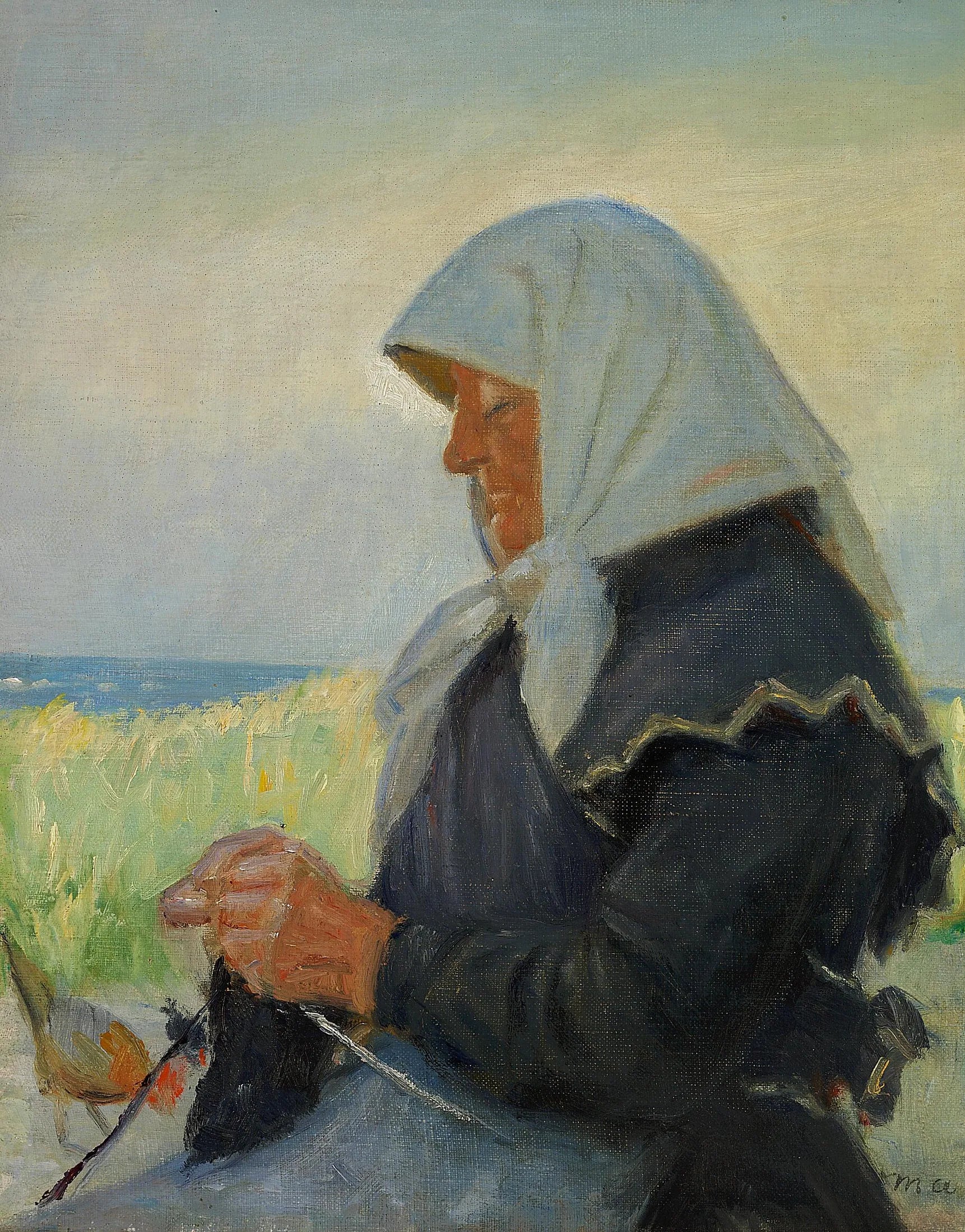 Une femme de pêcheur tricotant dans les dunes.(2) - Michael Peter Ancher image 1 reproduction de peinture à l’huile