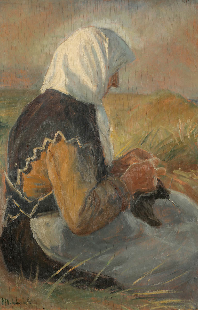 Die Frau eines Fischers strickt in den Dünen. – Michael Peter Ancher