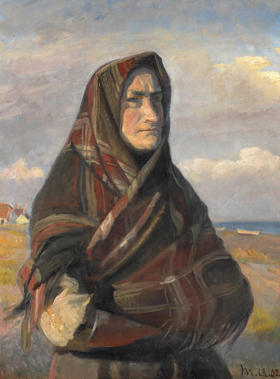 Die Frau eines Fischers, in einen karierten Schal gehüllt, steht in den Dünen bei Skagen und blickt aufs Meer hinaus. – Michael Peter Ancher