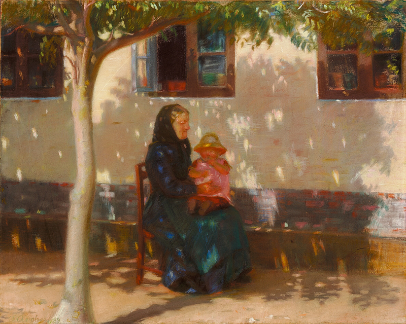 Eine Frau aus Skagen sitzt mit dem Baby Helga Ancher vor einem weißen Haus. – Anna Ancher