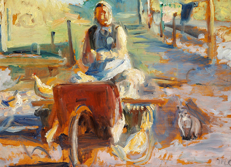 Eine Frau aus Skagen mit einer Katze und einigen Hühnern. – Michael Peter Ancher