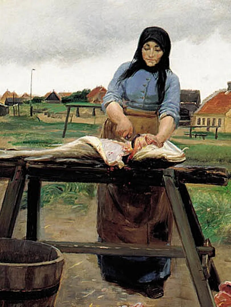 Eine Frau aus Skagen zerlegt einen Schellfisch. – Michael Peter Ancher