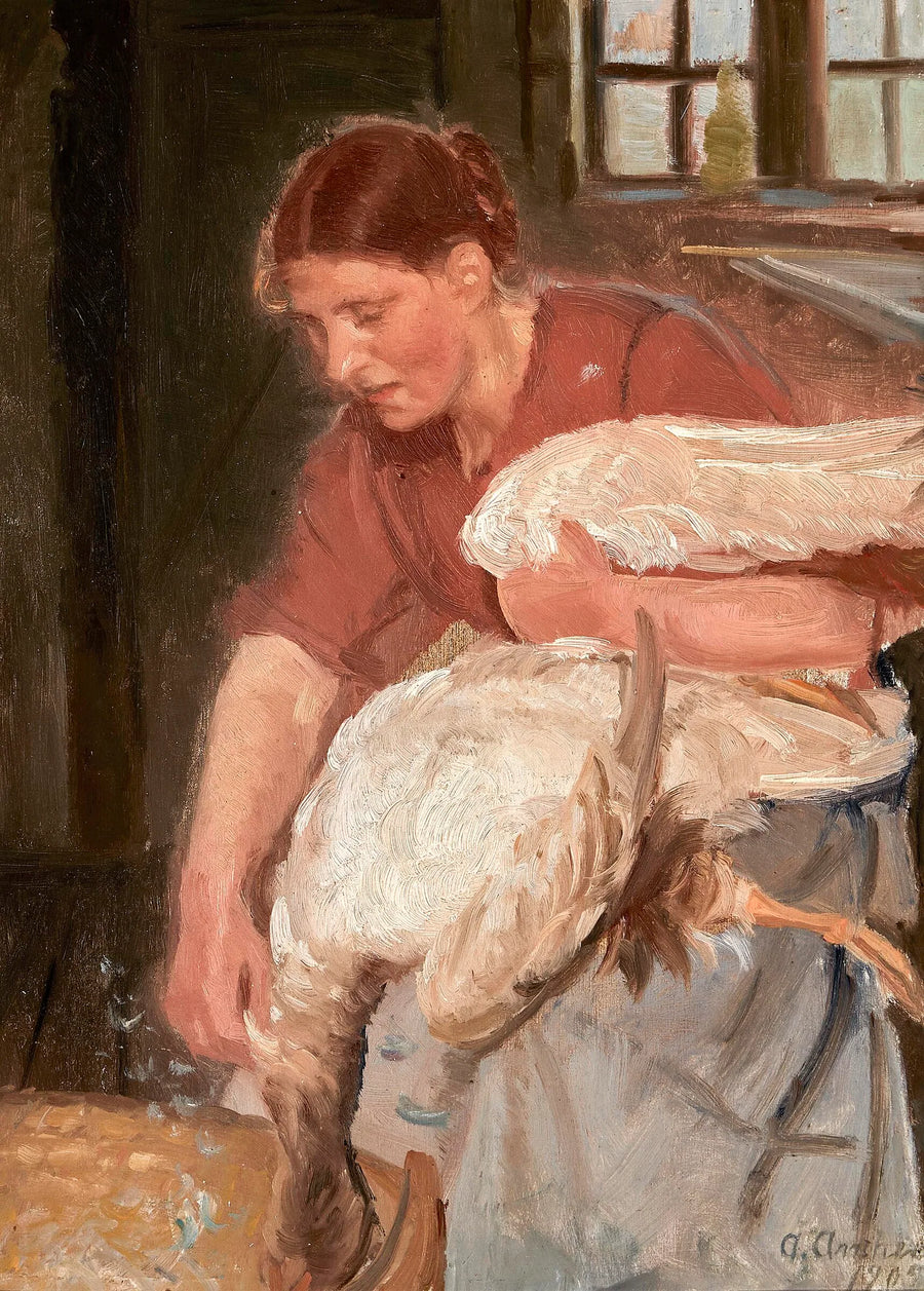 Eine Frau aus Skagen rupft eine Gans. – Anna Ancher