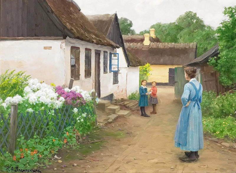 Eine Frau und einige Kinder in einer kleinen Straße eines Dorfes. - H. A. Brendekilde