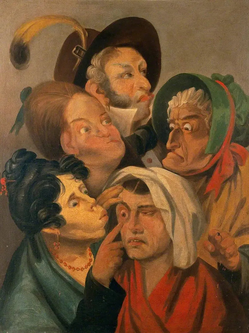 Eine Frau untersucht das schmerzende Auge einer anderen Frau, während ein Mann und andere Frauen neben ihr stehen - Louis-Léopold Boilly
