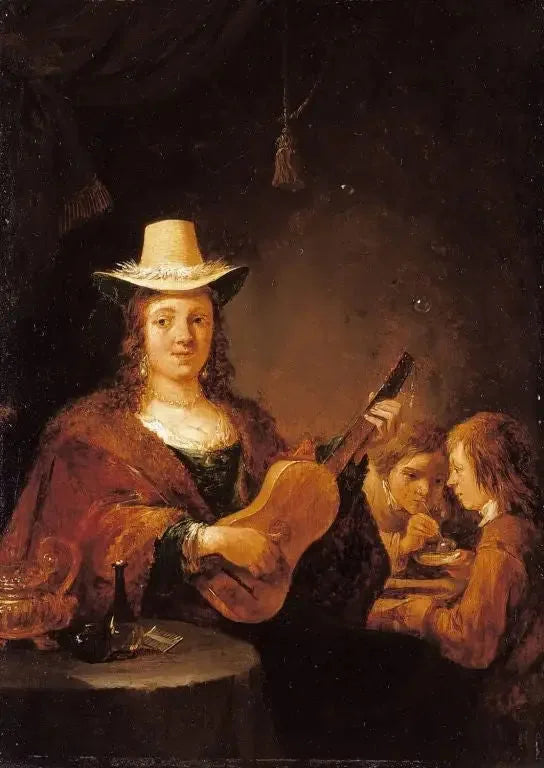 Une femme jouant de la guitare - David Teniers le Jeune image 1 reproduction artisanale de tableau