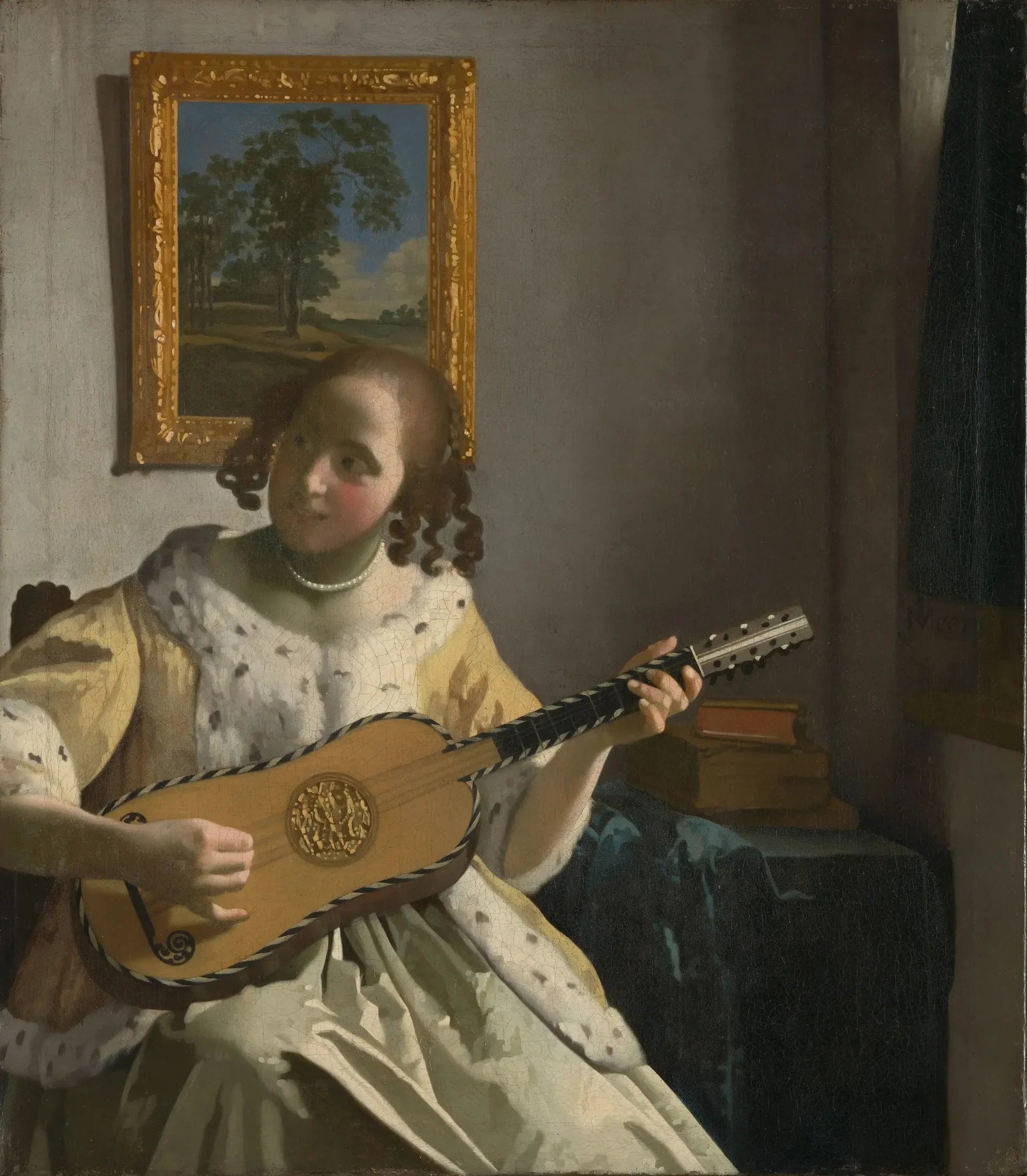 Une femme jouant de la guitare - Johannes Vermeer image 1 reproduction artisanale de tableau