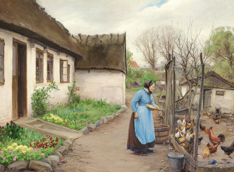 Eine Frau, die Hühner füttert, vor einem weißen, kalkhaltigen Bauernhof an einem Herbsttag. - H. A. Brendekilde