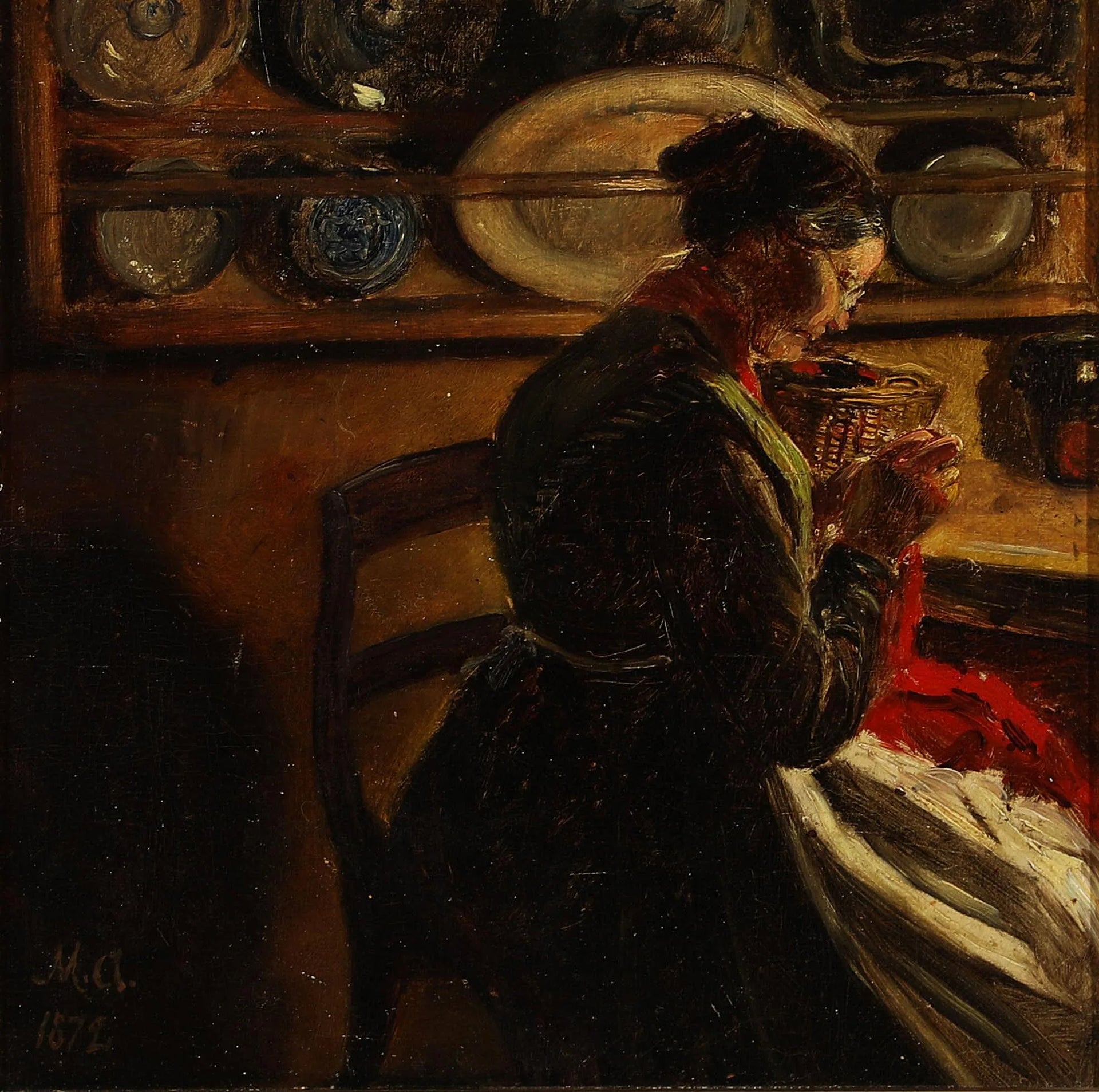 Une femme qui tricote dans une cuisine. - Michael Peter Ancher image 1 reproduction d’œuvre d’art à l’huile