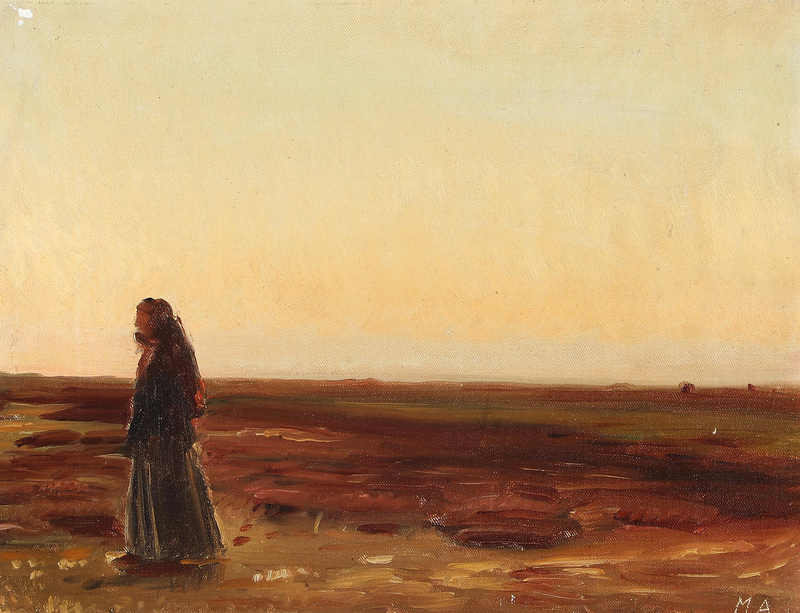 Eine Frau kehrt bei Sonnenuntergang in ihr Moor zurück. – Michael Peter Ancher