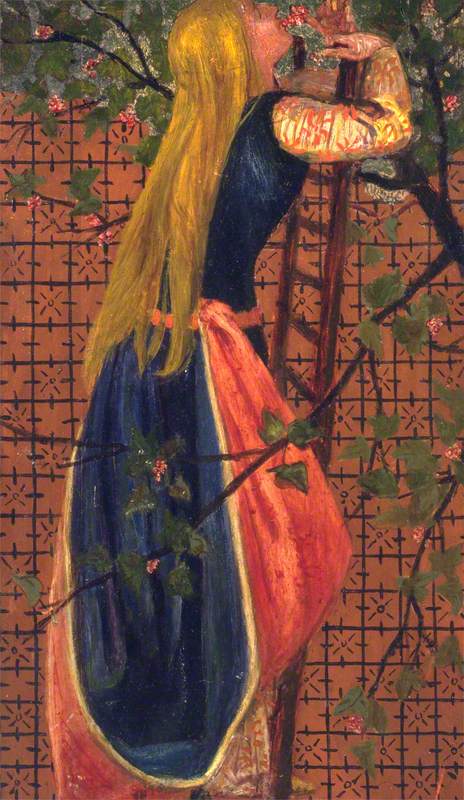 Eine Frau auf einer Leiter, die eine Blume riecht - Edward Burne-Jones