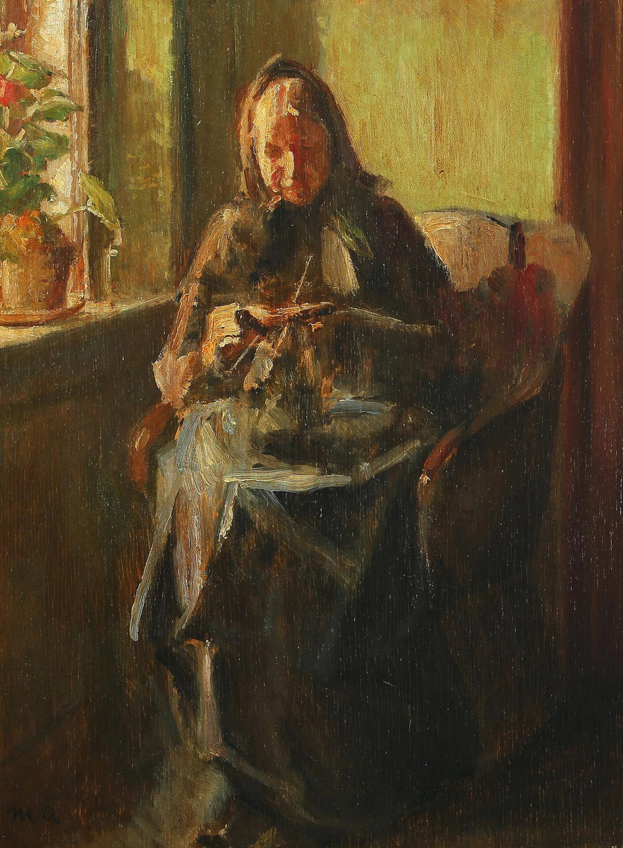 Eine Frau strickt in einem sonnendurchfluteten Zimmer. – Michael Peter Ancher