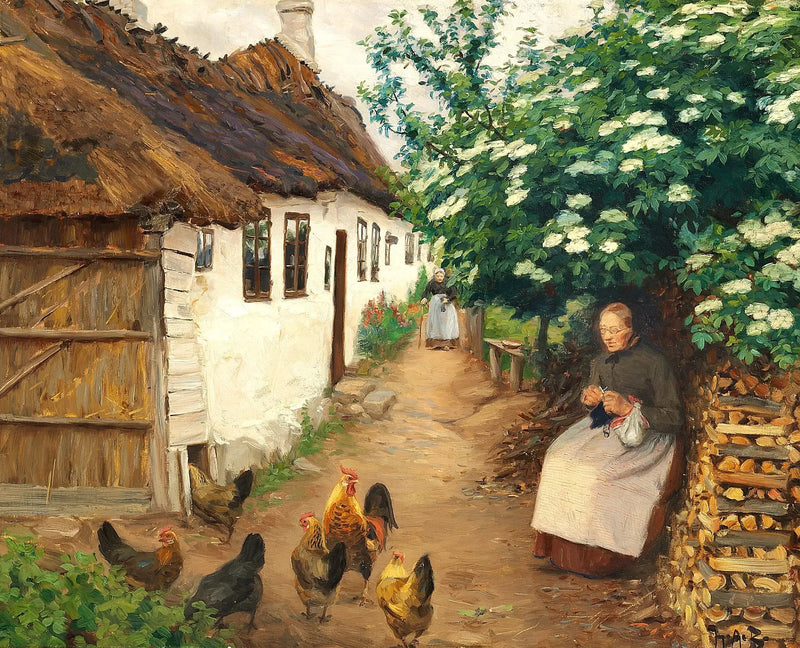 Eine Frau häkelt neben einem alten Haus. - H. A. Brendekilde