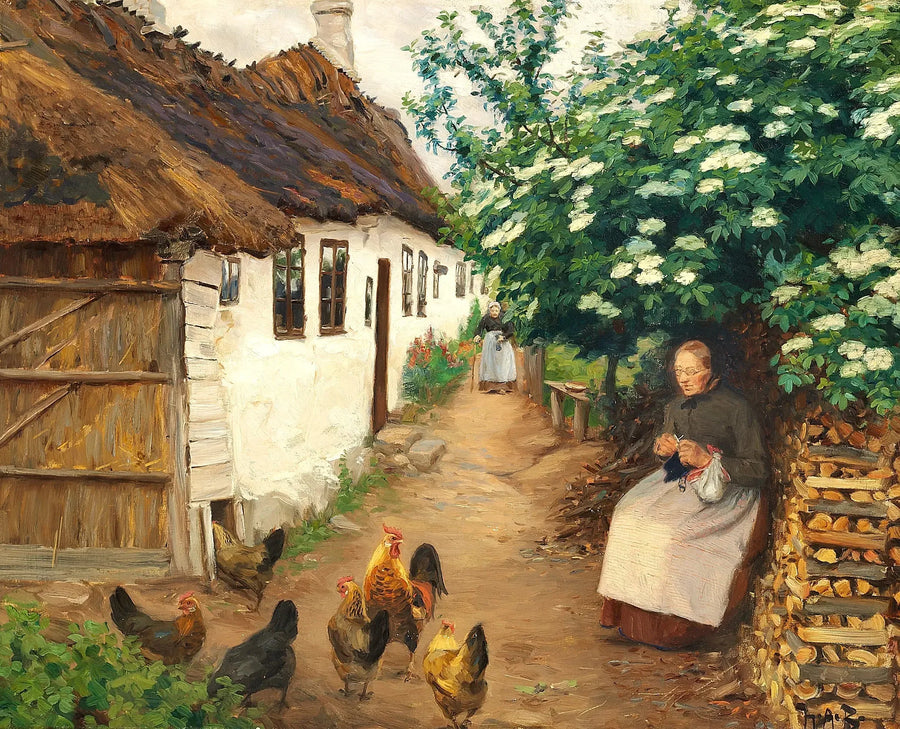 Eine Frau häkelt neben einem alten Haus. - H. A. Brendekilde