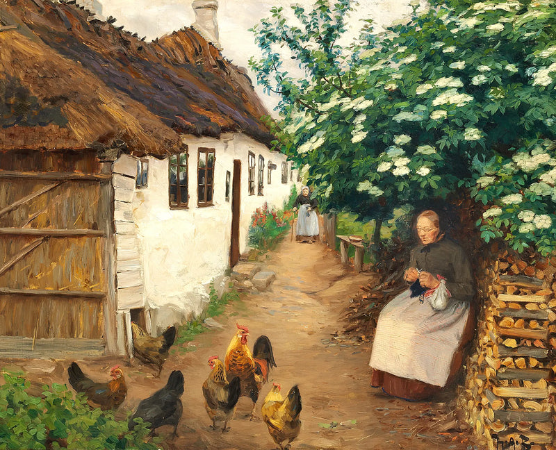 Eine Frau häkelt neben einem alten Haus. - H. A. Brendekilde