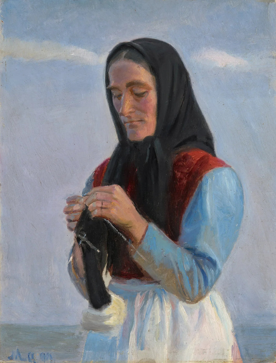 Eine Frau strickt am Strand. – Michael Peter Ancher